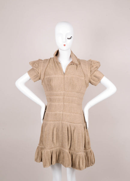 Gold Metallic Pleated Short Sleeve Structured and Paneled Dress