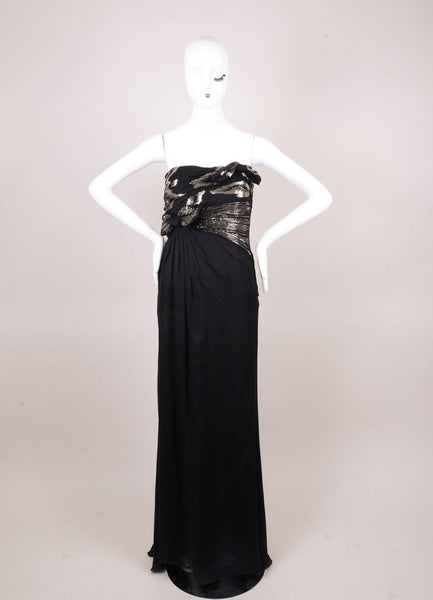 Black Beaded Bow Detail Long Silk Strapless Evening Gown