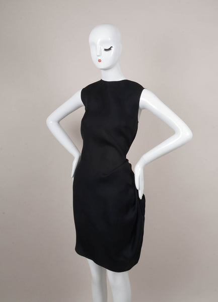 Black Sleeveless Asymmetric Pleat Exposed Zip Silk Shift Dress