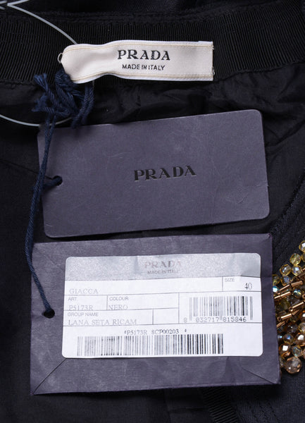 Black Lightweight Woven Wool and Silk Jacket With Bead and Sequin Embellished Trim