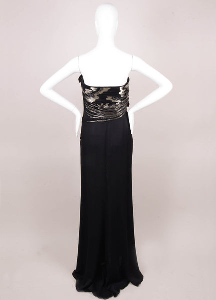 Black Beaded Bow Detail Long Silk Strapless Evening Gown