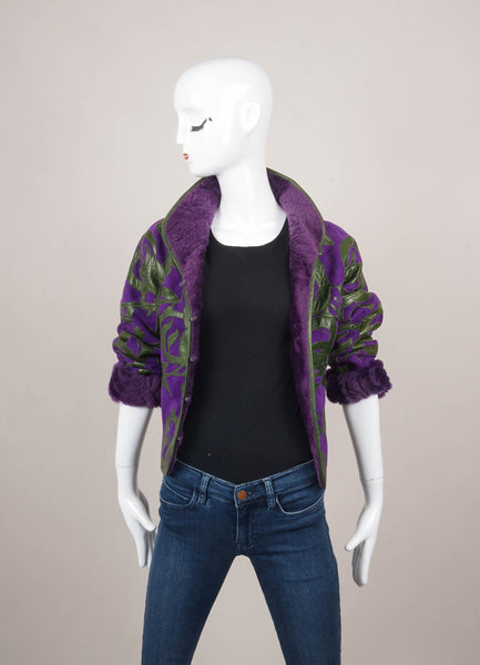 Purple and Green Lambskin Fur Lined Long Sleeve Jacket