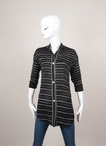 Black and Silver Metallic Trim Pleated Long Sleeve Button Up Blouse