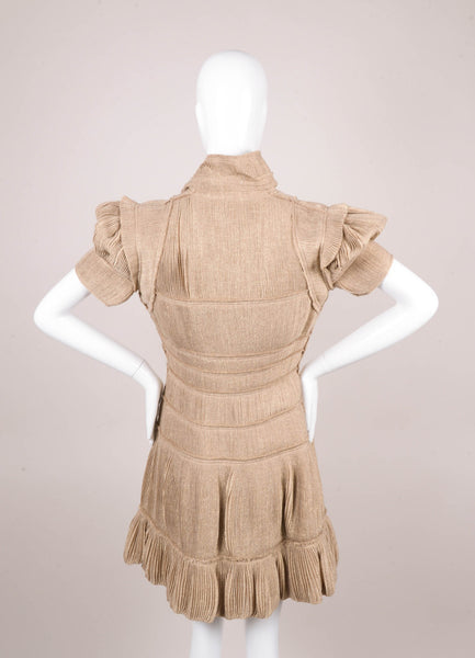 Gold Metallic Pleated Short Sleeve Structured and Paneled Dress