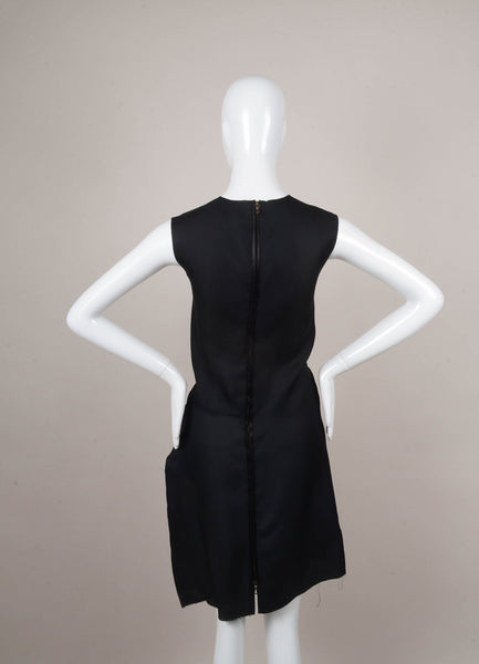 Black Sleeveless Asymmetric Pleat Exposed Zip Silk Shift Dress