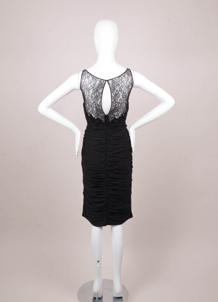 Black Sleeveless Silk Beaded Lace Inset Ruched Dress