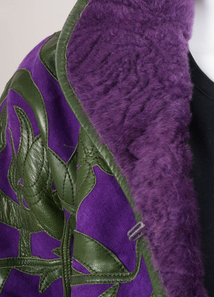 Purple and Green Lambskin Fur Lined Long Sleeve Jacket