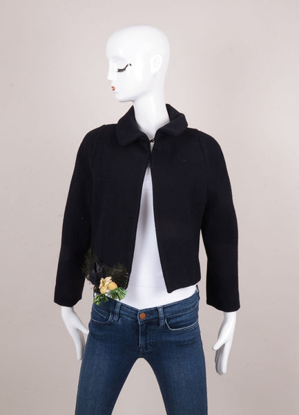 Black Wool Jacket with Feather and Pineapple Embellishment