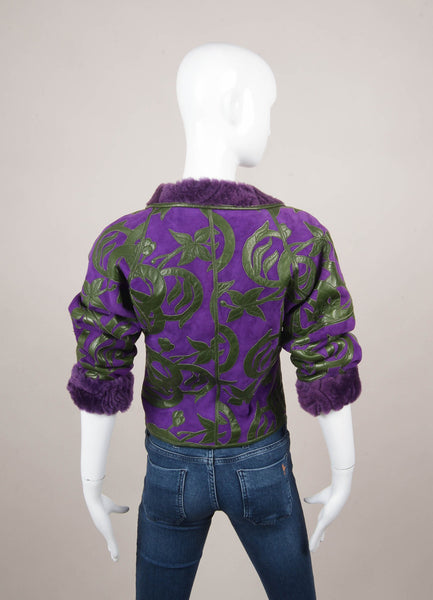 Purple and Green Lambskin Fur Lined Long Sleeve Jacket