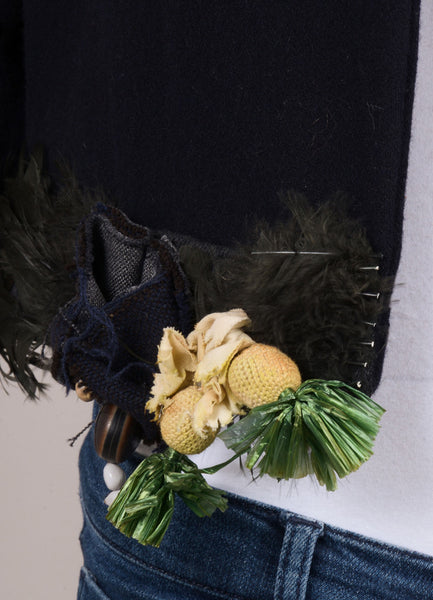 Black Wool Jacket with Feather and Pineapple Embellishment