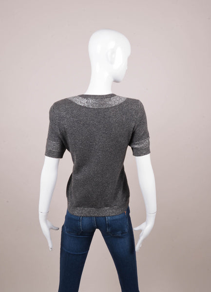 Grey and Silver Metallic Wool and Cashmere Knit Short Sleeve Sweater