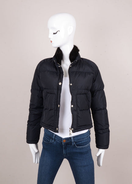 Navy Blue Bead Embellished Puffer Jacket With Black Mink Fur Collar