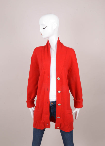 Red Oversized Knit Decorative Buttoned Long Sleeve Cardigan