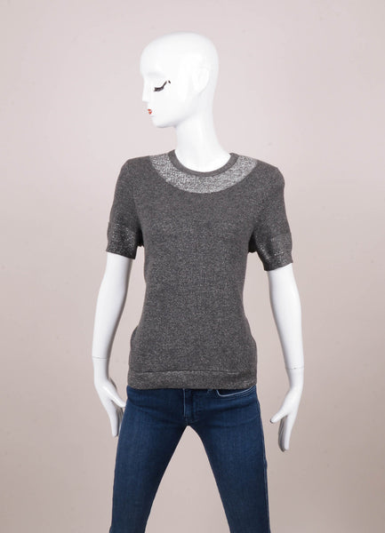 Grey and Silver Metallic Wool and Cashmere Knit Short Sleeve Sweater