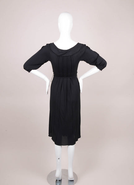 Black Pintuck Three Quarter Length Sleeve Scoop Neck Belted Dress