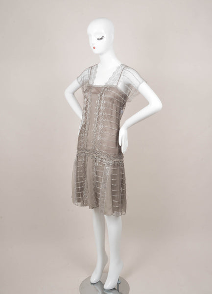 New With Tags Grey and Silver Lace Drop Waist Silk Dress