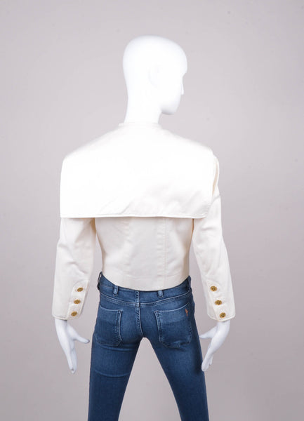 Cream Cropped Zip Cotton Jacket With Gold Toned Buttons