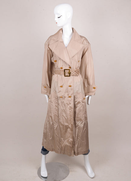 Taupe Silk Belted Trench With Gold Elephant Buttons