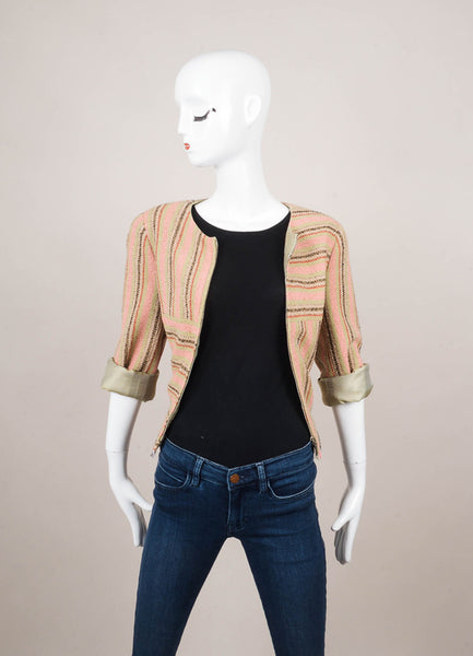 Pink, Green, and Tan Striped Zip Up Wool Fringe Jacket