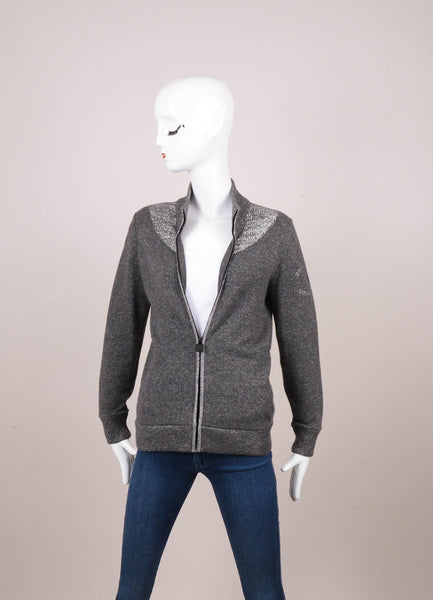 Grey and Silver Metallic Wool and Cashmere Knit Zip Up Sweater