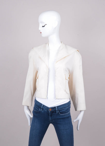 Cream Cropped Zip Cotton Jacket With Gold Toned Buttons