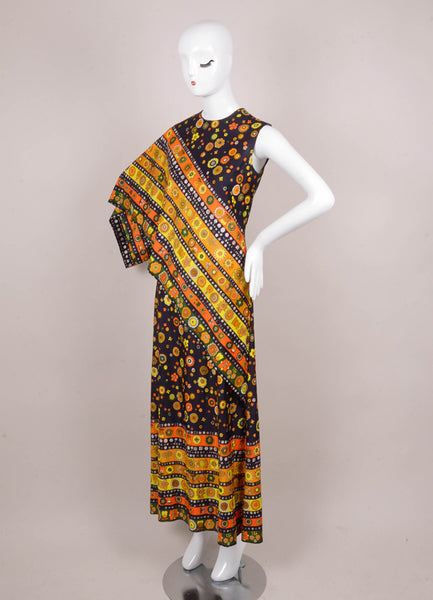 Navy, Orange, and Yellow Floral Print One Shoulder Drape Maxi Dress