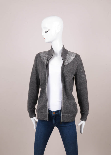 Grey and Silver Metallic Wool and Cashmere Knit Zip Up Sweater