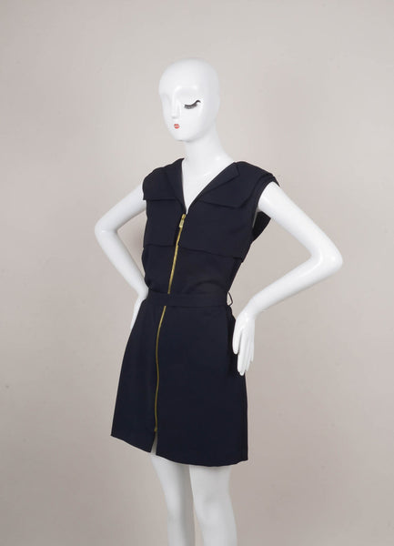 Navy and Gold Sleeveless Zipper Dress With Tie Belt