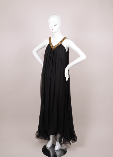 New With Tags Black and Gold Silk Jeweled Long Sleeveless Gown