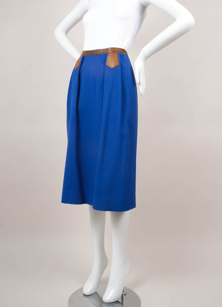 Royal Blue Wool Pencil Skirt With Brown Trim