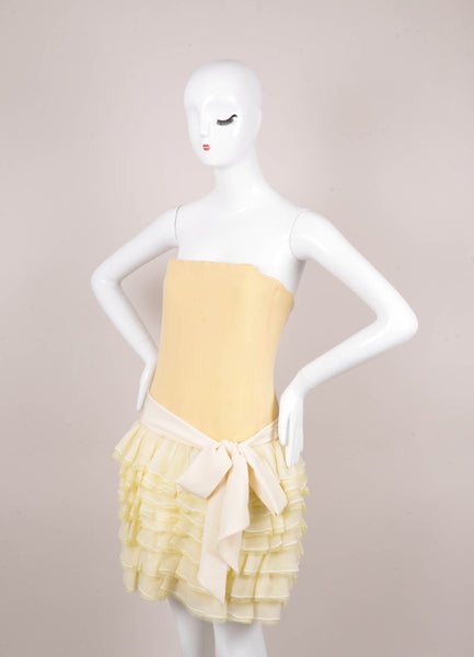 Cream Tiered Ruffle Strapless Silk Dress