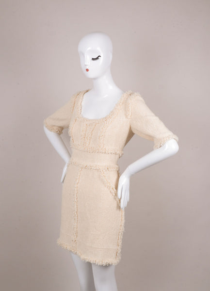 Cream Tweed Frayed Fringe Trim Mid-Sleeve Scoop Neck Dress