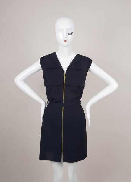 Navy and Gold Sleeveless Zipper Dress With Tie Belt