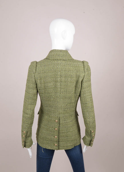 Green and Black Four Pocket Buttoned Tweed Jacket