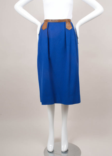 Royal Blue Wool Pencil Skirt With Brown Trim