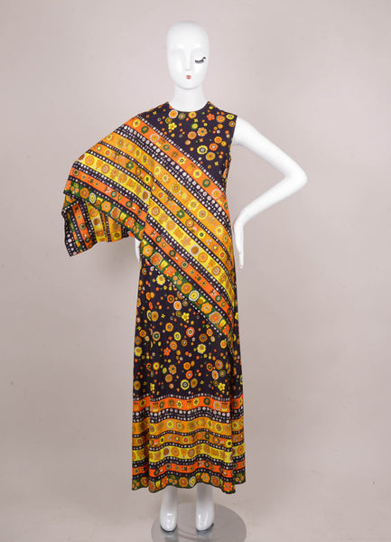 Navy, Orange, and Yellow Floral Print One Shoulder Drape Maxi Dress