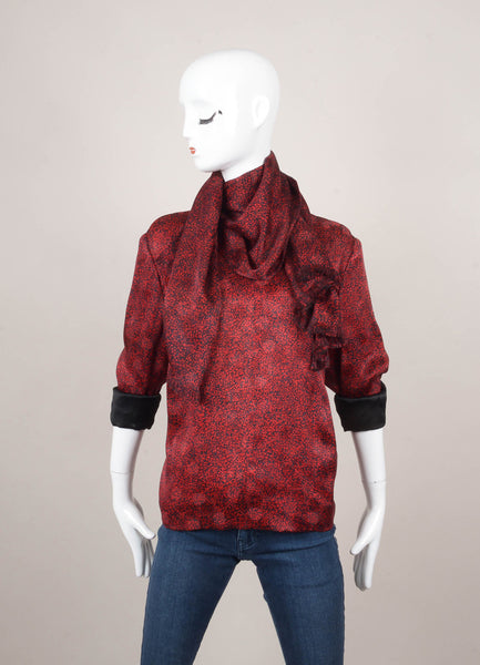 Black and Red Speckled Print Long Sleeve Blouse With Scarf