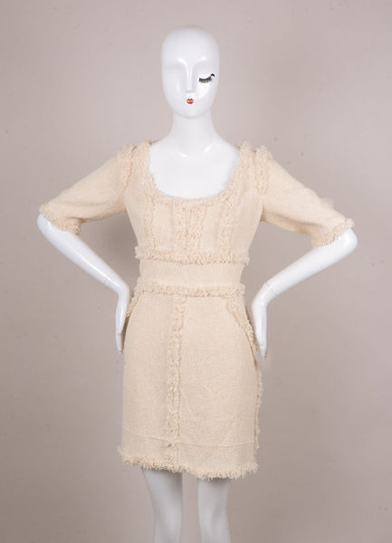 Cream Tweed Frayed Fringe Trim Mid-Sleeve Scoop Neck Dress