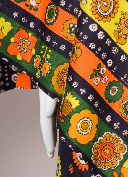 Navy, Orange, and Yellow Floral Print One Shoulder Drape Maxi Dress
