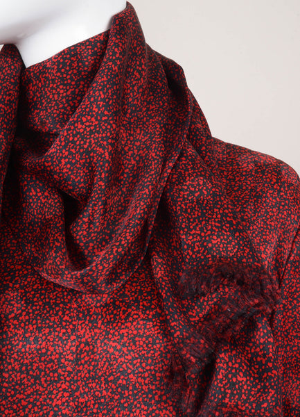 Black and Red Speckled Print Long Sleeve Blouse With Scarf