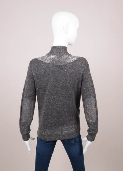 Grey and Silver Metallic Wool and Cashmere Knit Zip Up Sweater