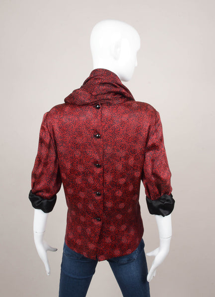 Black and Red Speckled Print Long Sleeve Blouse With Scarf