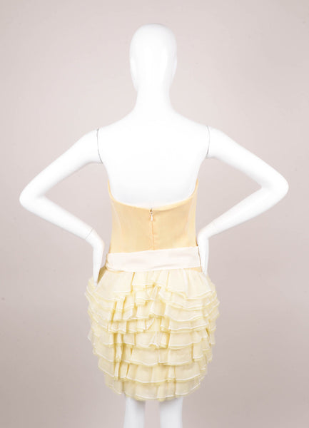 Cream Tiered Ruffle Strapless Silk Dress