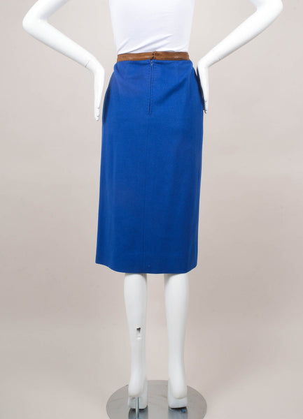 Royal Blue Wool Pencil Skirt With Brown Trim