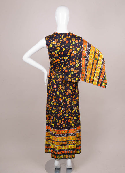 Navy, Orange, and Yellow Floral Print One Shoulder Drape Maxi Dress