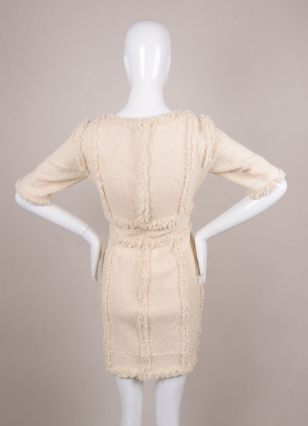 Cream Tweed Frayed Fringe Trim Mid-Sleeve Scoop Neck Dress