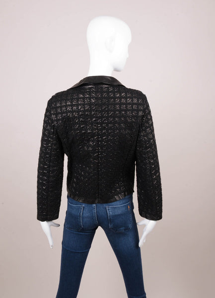 Black Houndstooth Embroidered Leather and Knit Jacket