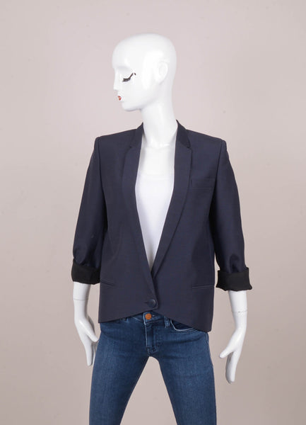 New With Tags Navy Wool and Silk Long Sleeve "Cropped Tux" Jacket