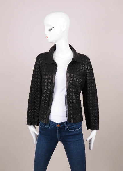 Black Houndstooth Embroidered Leather and Knit Jacket