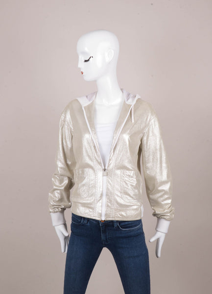 Silver Metallic Glitter Ribbed Knit Trim Zip Up Hoodie